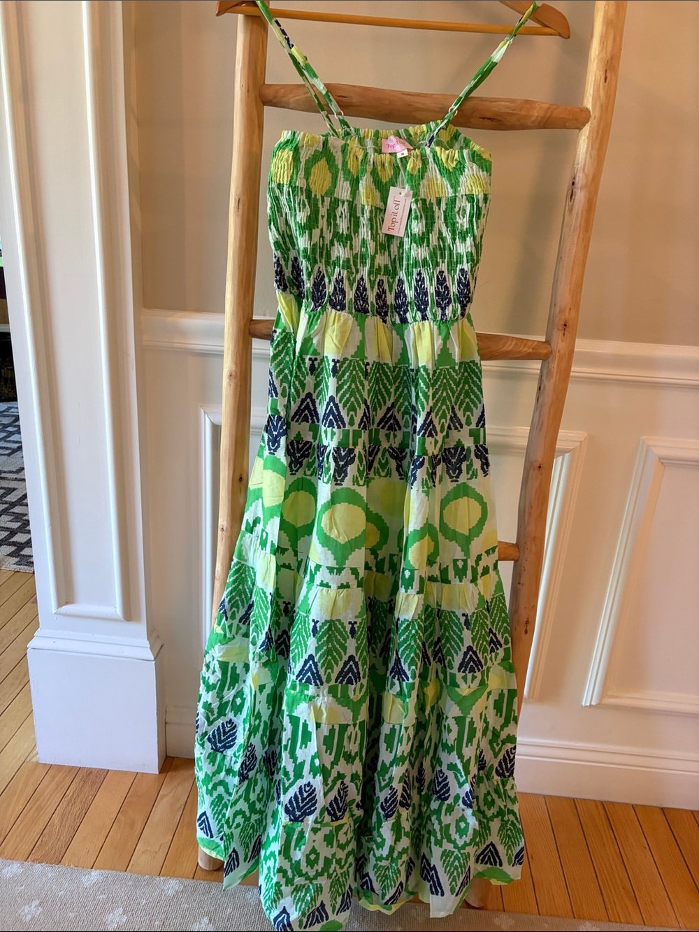 Green, Navy, and White Patterned Maxi Dress with Adjustable Straps.